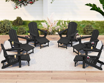 KINGYES Folding Adjustable Adirondack Chair with Retractable Ottoman Set of 6, HDPE All Weather Chair with Cup Holder - Recliner Adirondack Chair, Black