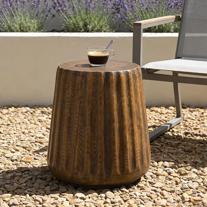 Christopher Knight Home Caded Lightweight Concrete Round Coffee Table, Indoor and Outdoor Side Table for Living Room, MGO Small Side Table, Tree Stump Style, No Assembly Needed, Brown