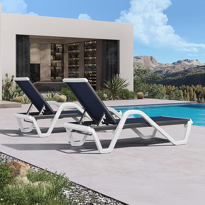 PURPLE LEAF Patio Chaise Lounge Set of 2 Plastic Pool Outdoor Lounge Chair with Armrest Stackable Poolside Tanning Chairs for Beach Deck Yard Sunbathing, Navy Blue