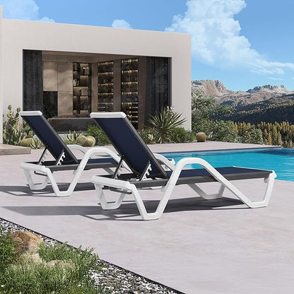 PURPLE LEAF Patio Chaise Lounge Set of 2 Plastic Pool Outdoor Lounge Chair with Armrest Stackable Poolside Tanning Chairs for Beach Deck Yard Sunbathing, Navy Blue