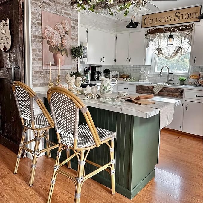 PURPLE LEAF French Counter Height Bar Stool Set of 2 25" Bamboo Print Finish Patio Bar Chairs with Back Rattan Bar - Photo 2