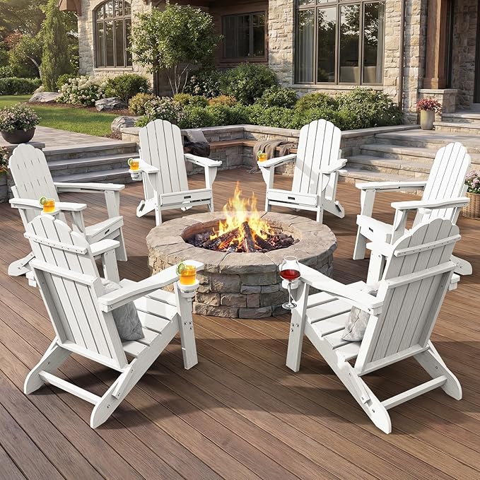 Adirondack Chairs Set of 6, Fire Pit Chairs, Wood Texture Patio Chairs with 2 Cup Holder, Outdoor Lawn Chair, White
