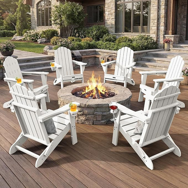 Adirondack Chairs Set of 6, Fire Pit Chairs, Wood Texture Patio Chairs with 2 Cup Holder, Outdoor Lawn Chair, White - Photo 1
