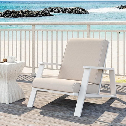 Merax Acacia Wood Outdoor Chaise Lounge Chair, Patio Reading Lazy Recliner Sofa Couches Seating with Weather-Resistant Upholstered Cushions for Balcony Outside Pool, Beige+White