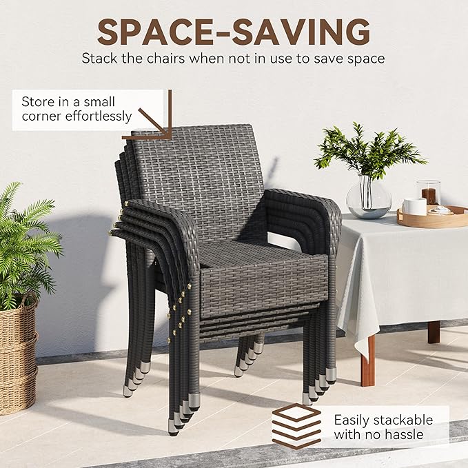 Yaheetech Set of 2 Stackable Outdoor Rattan Dining Chairs, All-Weather Firepits Armchair w/Armrests, Steel Frame for Garden, Patio, Deck, Yard, Poolside, Gray