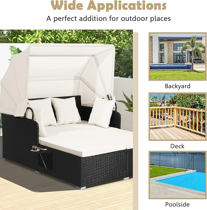 Tangkula Patio Rattan Daybed with Retractable Canopy, Outdoor Wicker Sunbed Lounger with 2 Foldable Side Tables - Photo 9