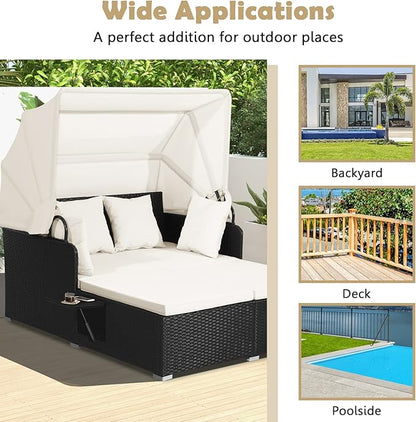 ORALNER Outdoor Daybed, 2-Person Wicker Patio Sofa with Retractable Canopy, Cushions & Pillows, 2 Side Trays, PE Rattan Double Sunbed Lounger for Deck Poolside Backyard Garden Balcony (Off-White)