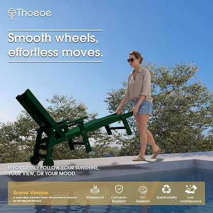 THOEOE Patio Chaise Lounge Chair, Oversized Lounge Chair Outdoor with 5 Positions, HDPE, Patio Lounge Chair with Wheels & Cup Holder for Pool, Deck, Poolside,Green