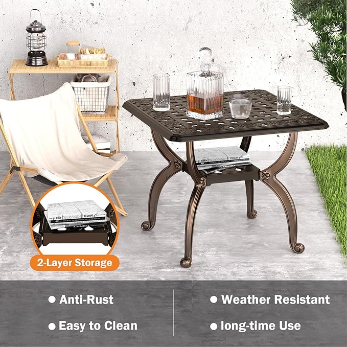 Square Outdoor Coffee Table Set of 2, Cast Aluminum Side Table with Storage,Indoor End Table, All-Weather Bistro Table for Patio Garden Lawn, Bronze
