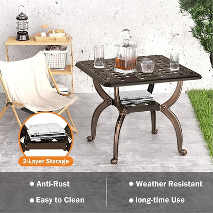 Square Outdoor Coffee Table Set of 2, Cast Aluminum Side Table with Storage,Indoor End Table, All-Weather Bistro Table for Patio Garden Lawn, Bronze