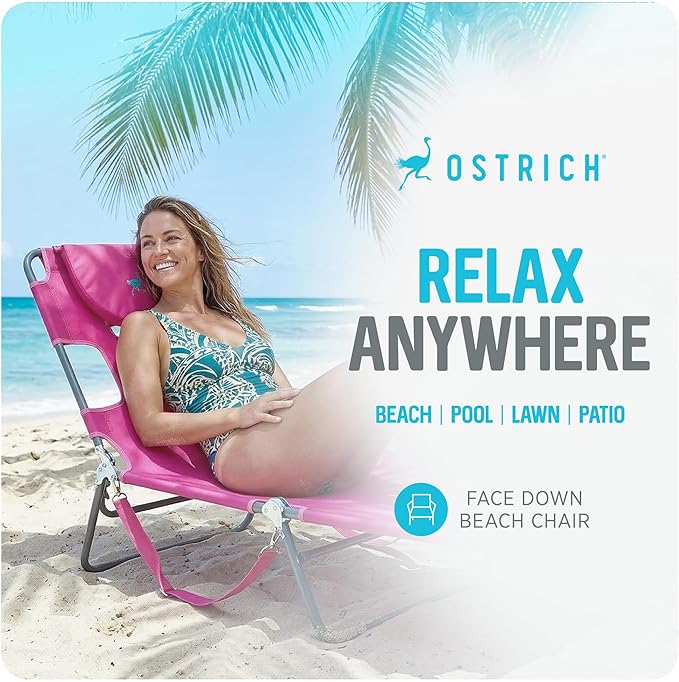 Ostrich the Deluxe 3N1 Lightweight Lawn Beach Reclining Lounge Chair with Footrest, Outdoor Furniture for Patio, Balcony, Backyard, or Porch, Blue Stripe