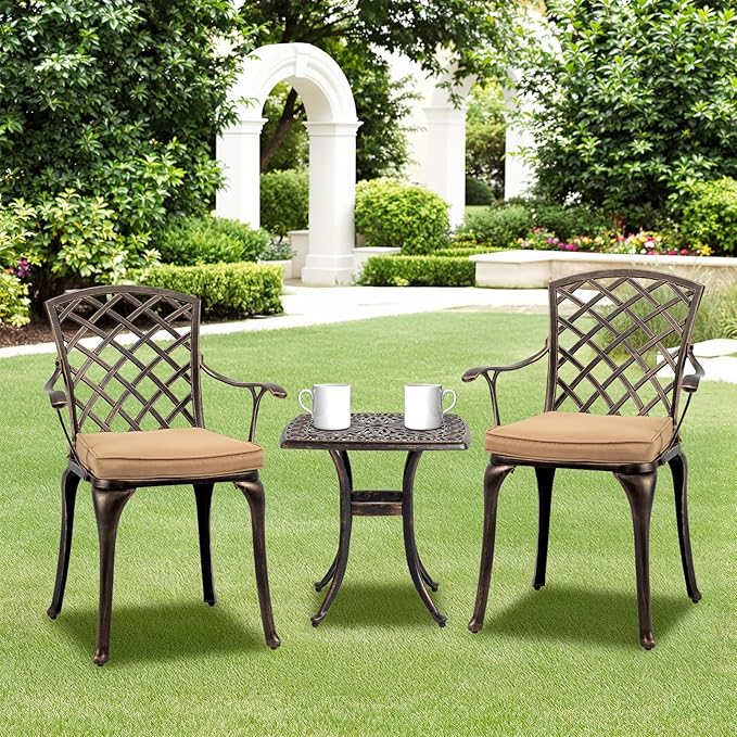 VINGLI Patio Chairs Set of 2, All-Weather Cast Aluminum Outdoor Dining Chairs with Cushion, Metal Armchairs for Poolside, Backyard, Balcony