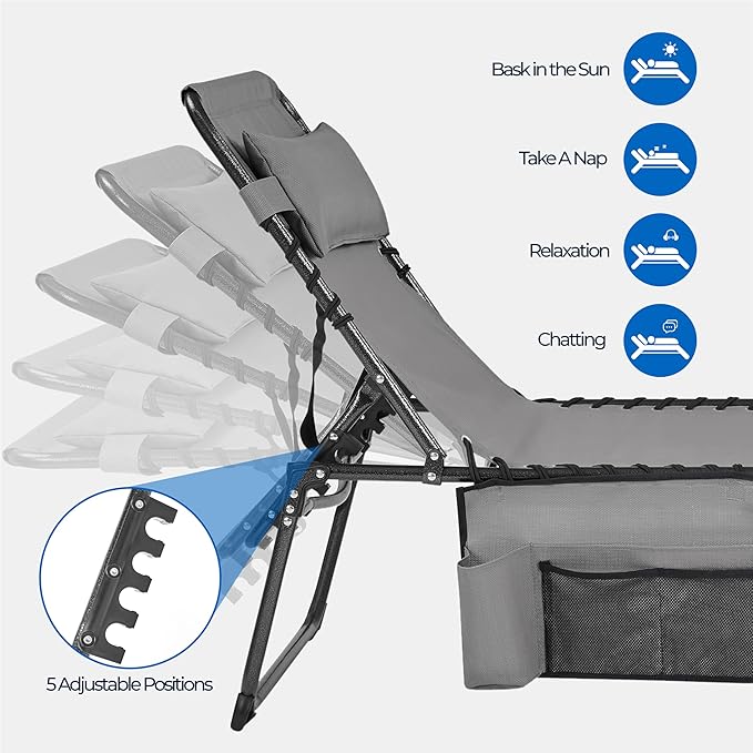 Yaheetech 22.4" Tanning Chair with Face Hole, Adjustable 5-Position Folding Chaise Lounge Chairs, Outdoor Lounge Chairs for Lawn, Beach, Sunbathing, Gray