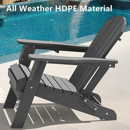 GLANC Folding Adirondack Chair Set of 2, HDPE All-Weather Outdoor Patio Fire Pit Chairs Lawn Chair for Poolside Backyard Deck Balcony, Wooden Textured with Cup Holder, 380LBS Capacity (Grey)