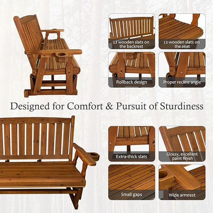 Fortune Candy Patio Glider, with Cup Holders, High Back and Deep Contoured Seat, Heavy Duty 800 Lb (Teak Tone, 3-Seater)