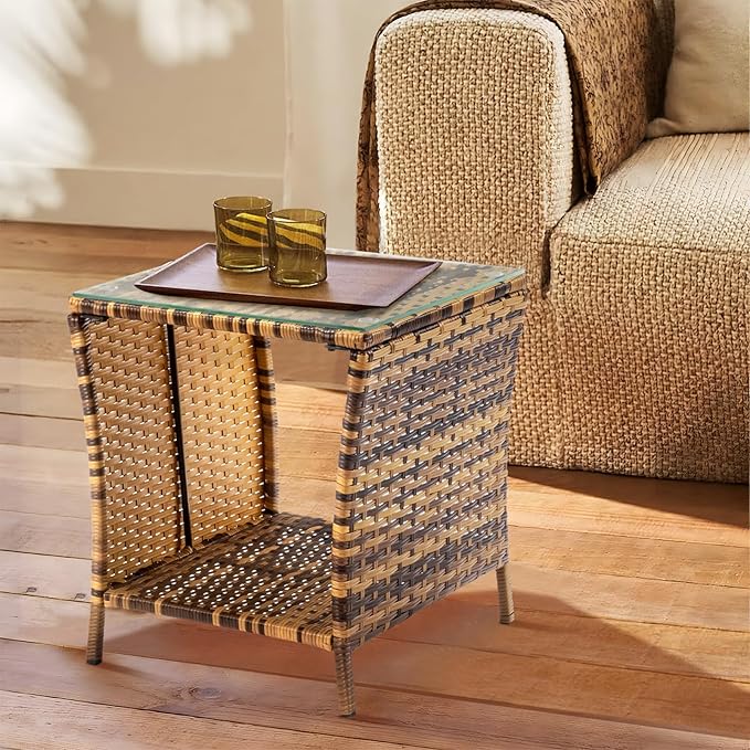 Wicker Rattan Side Table, Outdoor Square Rattan Coffee End Table Patio Wicker Table with Tempered Glass Top and Storage for Garden Porch Deck Backyard (Yellow Gradient)