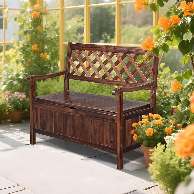 VINGLI Outdoor Storage Bench, Large Wood Deck Box with Seating, Weatherproof Outdoor Bench with Storage Loveseat - Photo 8