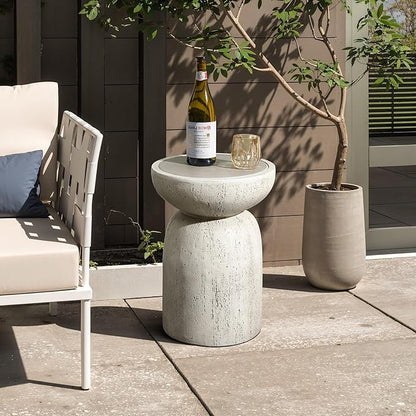 LuxenHome Rustic Outdoor Side Table, 20 Inch Concrete End Tables for Patio,Off White and Gray Weathered Round Table, Small Accent Table for Indoor Outdoor Use, Decorative Garden Stool