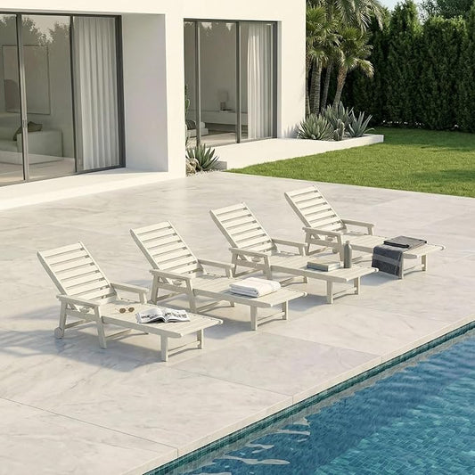 Adjustable Lounge Chair Outdoor Set of 4, HDPE Outdoor Chaise Lounge with Cup Holder & Wheels, Pool Lounge Chairs for Poolside, Backyard Pool, Patio, Beach, Deck, (White)