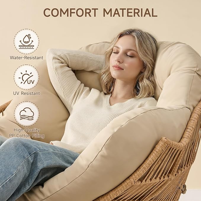 ONBRILL Papasan Rocking Chair with Ottoman,Oversized Papasan Chair with Padded Cushion, Indoor & Outdoor Rocker Chair for Living Room, Patio, Garden, Beige