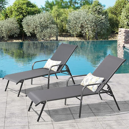 Crestlive Products Chaise Lounge Chair Outdoor with Armrests, Pool Lounge Chairs Set of 2, Aluminum Adjustable 5 Positions Sun Tanning Lounger for Patio, Poolside, Yard, Deck, Backyard (Grey)