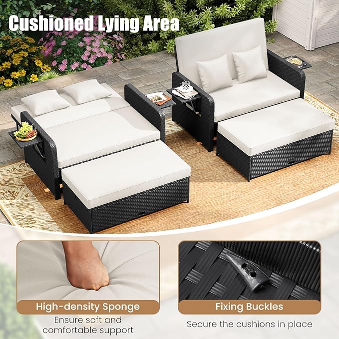 COSTWAY Patio Rattan Daybed with Cushions, Outdoor Wicker Loveseat Sofa with Storage Ottoman - Photo 6
