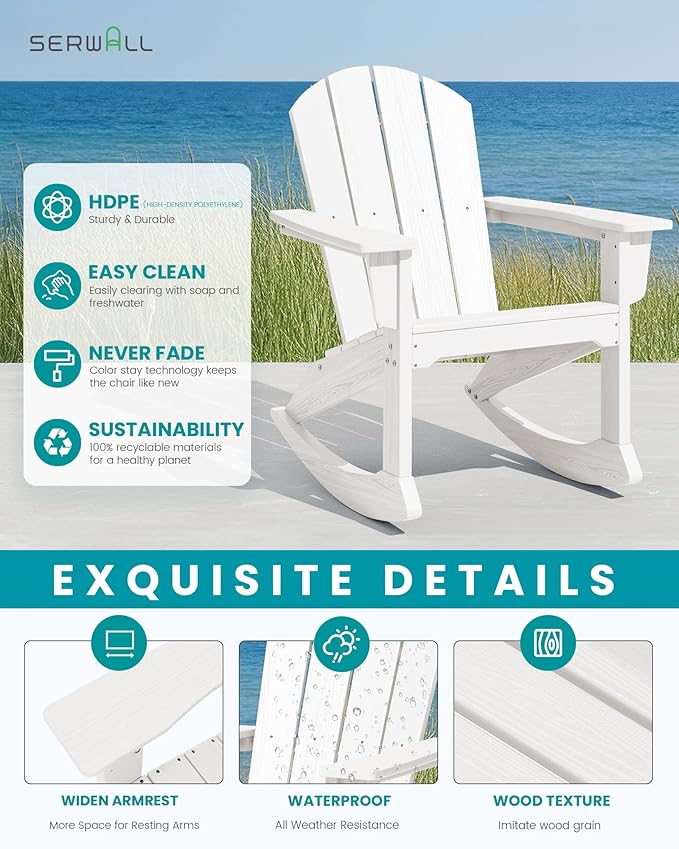 SERWALL Outdoor Adirondack Rocking Chairs Set of 2, All-Weather HDPE Adirondack Rocker Chair, Front Porch Rocker Chairs for Patio Lawn Porch Deck, White