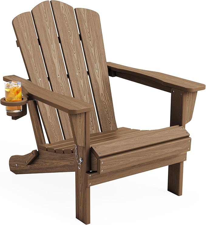 KINGYES Folding Adirondack Chair, HDPE All-Weather Patio Chairs, Wooden Textured Lawn Chair for Poolside, Backyard, Deck, Fire Pit, Brown