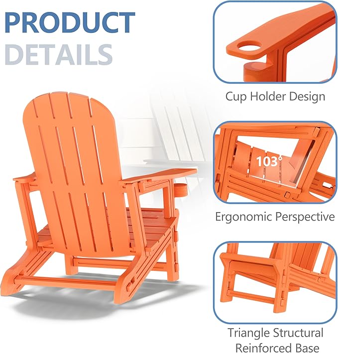 Shintenchi Adirondack Chair Set of 2,HDPE Adirondack Chairs with Umbrella Hole Connecting Tray & 2 Curved Ottoman,Plastic Outdoor Chairs with Cup Holders for Garden Backyard Pool,Orange