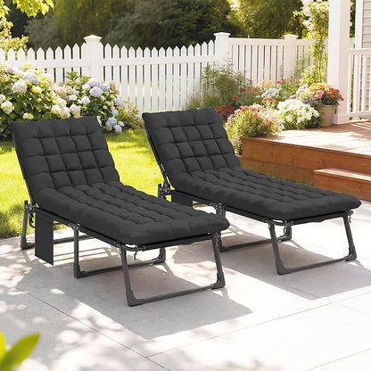 Outsunny Chaise Lounge Chair Outdoor Set of 2, 5-Position Reclining Pool Lounge Chairs with Cushions, Side Pocket, Headrest, Folding Lounger Tanning Chair Camping Cot for Patio, Beach, Black