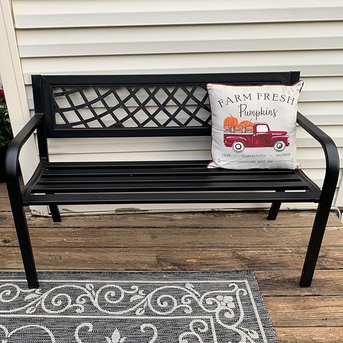 Outdoor Bench Metal Garden Bench - Park Outdoor Furniture Entryway Bench Steel Frame Porch Chair with Wide Backrest & Armrests - Ideal for Yard, Porch, and Entryway - Black