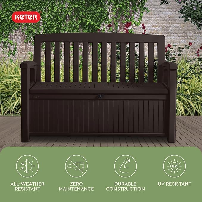 Keter 60 Gallon Storage Bench Deck Box for Patio Furniture, Front Porch Decor and Outdoor Seating – Perfect to Store Garden Tools