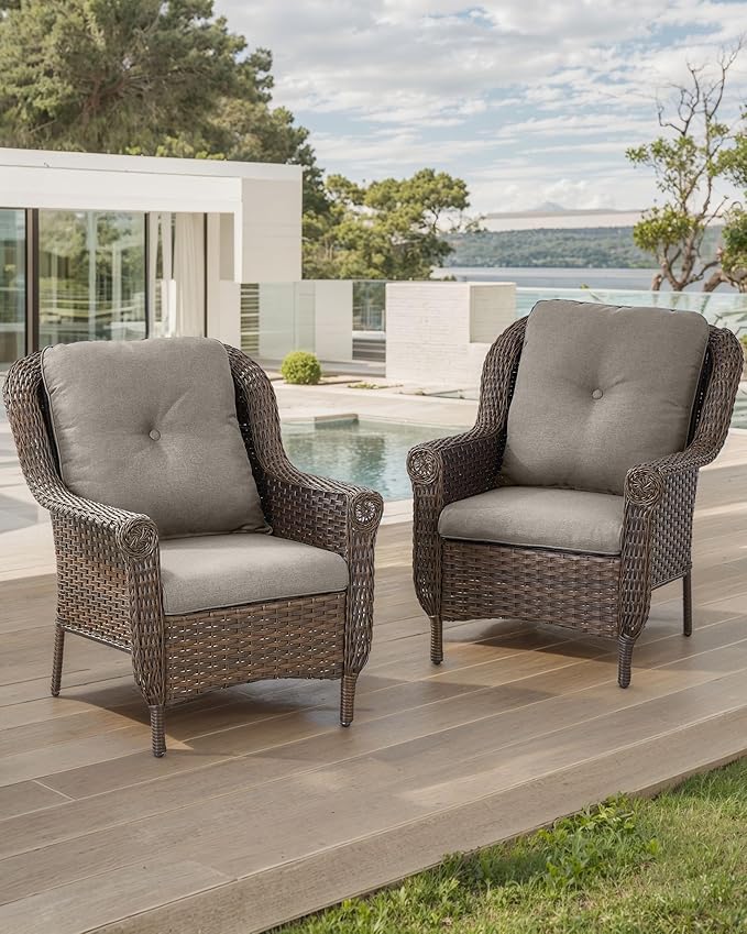 Patio Wicker Chairs Outdoor Furniture Chair - Set of 2 Outside All Weather Lawn Dining Brown Rattan Armchair with High - Photo 2