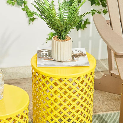 Glitzhome Outdoor Side Table Set of 2, Decorative Garden Stool for Patio Heavy Duty Metal Frame Accent Table Modern End Table, Yellow