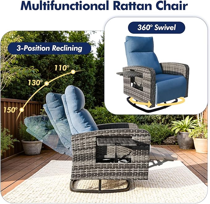 Outdoor Recliner Chair, Wicker Patio Recliners with Adjustable Backrest and Extended Foot Rest - Photo 3