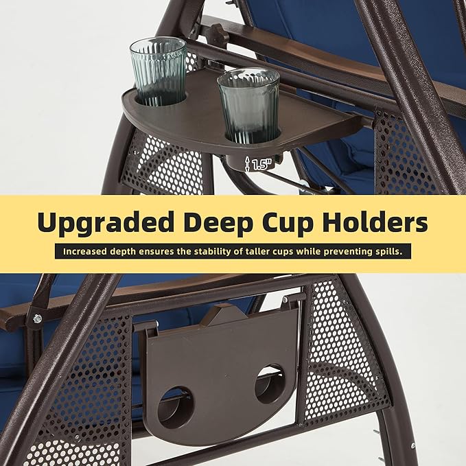 HOMREST 3 Seat Outdoor Porch Swing with 1.5" Deepened Cup Holder, Adjustable Canopy, Patio Swing Bed with Stand - Photo 4