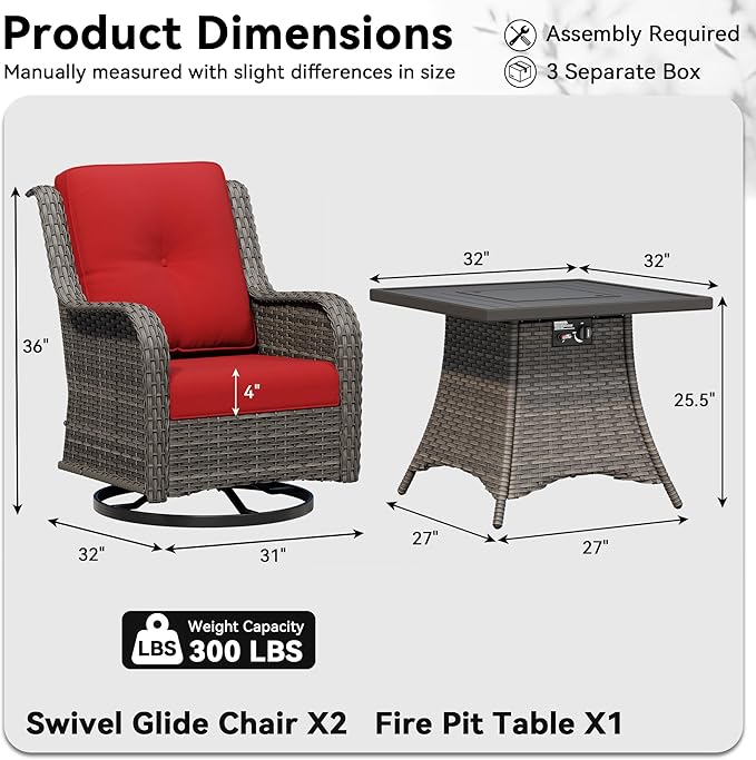 3 Pieces Outdoor Wicker Patio Furniture Set with Fire Pit Table, Swivel Rocker Patio Chairs Set with Thickened Cushions - Photo 2