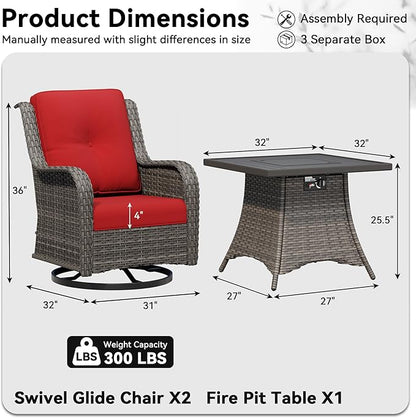 3 Pieces Outdoor Wicker Patio Furniture Set with Fire Pit Table, Swivel Rocker Patio Chairs Set with Thickened Cushions, High Back and Deep Seating, Hand-Woven PE Rattan for Porch, Deck