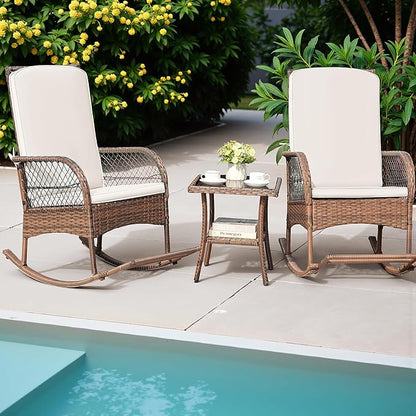 Greesum 3 Piece Outdoor Wicker Rocking Chairs Patio Furniture Set with Glass Coffee Table for Garden Backyard Porch Poolside, Beige