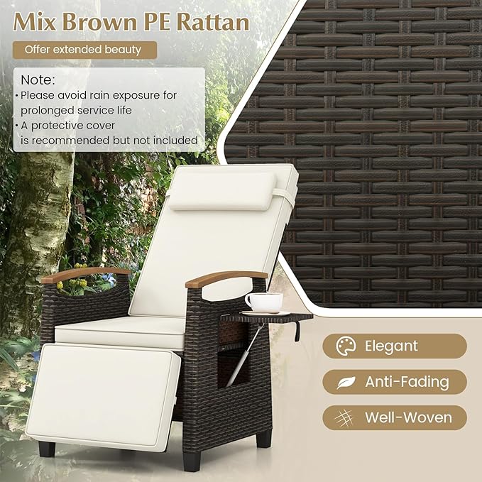 Tangkula Patio Wicker Recliner Chair, Rattan Lounge Chair w/Adjustable Backrest & Footrest, Flip Side Table, Push Back Reclining Seat w/Cushion for Backyard, Porch, Lawn (2, Off White)