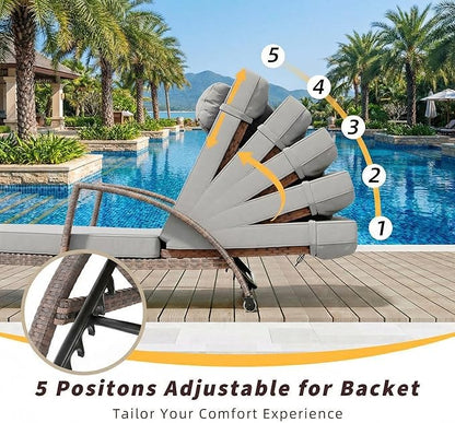 GarveeHome Outdoor Chaise Lounge Set of 2, Weather-Resistant PE Rattan Recliners with 5 Adjustable Positions, Wheels, Armrests, Cushions & Pillows, Collapsible for Poolside, Deck, Gray Cushion