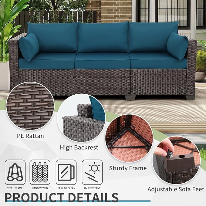 WAROOM Patio Couch PE Rattan 3-Seat Outdoor Sofa Brown Wicker Furniture Set Deep Seating with Anti-Slip Peacock Blue - Photo 4