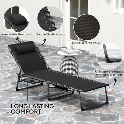 Outsunny Folding Chaise Lounge Chair Outdoor Tanning Chair with Side Table, 5-Level Adjustable Beach Lounge Chair with Headrest, Side Pocket for Patio, Backyard, Beach, Poolside, Black