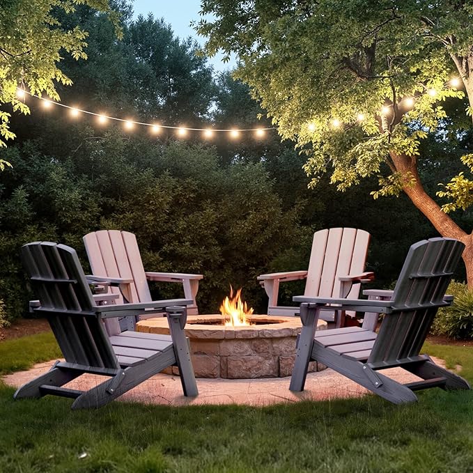 Folding Adirondack Chair with Wood Texture, HDPE All-Weather Fire Pit Chairs, Plastic Adirondack Chairs with 2 Cup Holder, Outdoor Lawn Chair for Patio Garden (Grey)