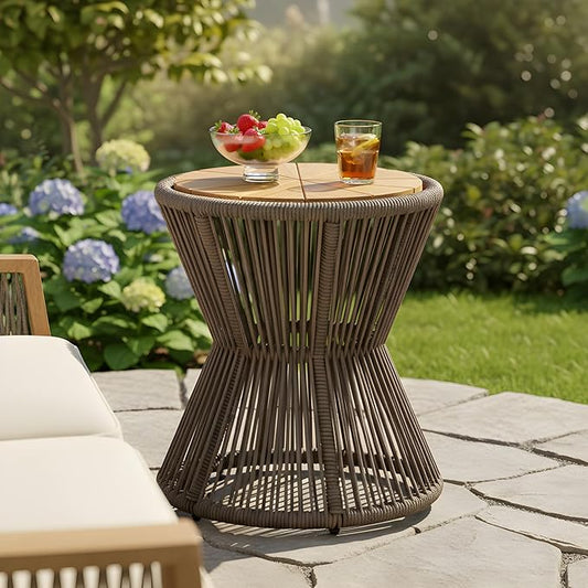 Merax Bohemian Round Outdoor Side Table with Acacia Wood Top and Dark Grey Handwoven Rope Base, Elegant Hourglass Design Patio Coffee Table for Garden, Pool, Balcony, Yard, 18.9" Height, No Assembly