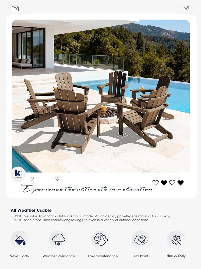 KINGYES Folding Adirondack Chair Set of 8, HDPE All-Weather Patio Chairs with Cup Holder, Wooden Textured Fire Pit Chairs for Poolside, Backyard, Deck, Brown