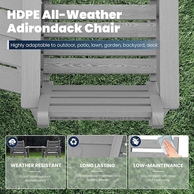 PLUUV Tall Adirondack Chairs Set of 2, All Weather HDPE Poly Bar Height Balcony Adirondack Chair with Removable Double Connecting Trays, Outdoor Adirondack Barstools for Deck, Patio, Yard, Pool, Lawn