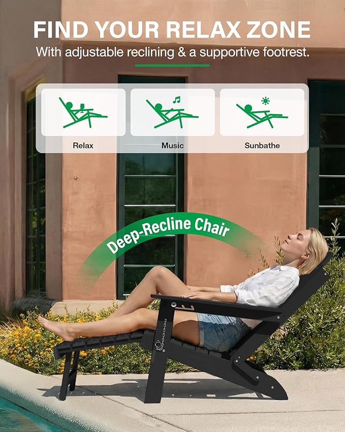YEFU Adirondack Chair with Retractable Ottoman: Adjustable Folding Adirondack Chairs with Cup Holder - Sturdy HDPE Plastic Fire Pit Chairs Set of 8 - All Weather for Outdoor/Patio/Pool/Deck(Black)