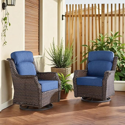 Outdoor Wicker Swivel Rocker Chair with 6-Inch Thick Cushions, High Back Patio Glider Chair, 360° Swivel & Rocking Motion for Porch, Deck, Balcony, Poolside, Brown/Blue