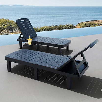 CDCASA Outdoor Chaise Lounge Set of 2, Pool Lounge Chairs w/5 Adjustable Positions & Side Tray, Waterproof Resin Lounges for Poolside,Yard,Garden,Sunbathing, for All Weather, Black